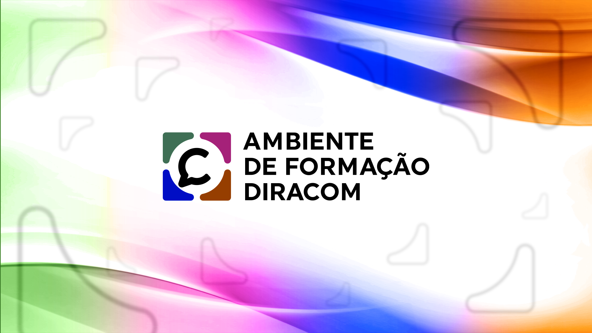 Logotipo colorido com balão de fala e o texto "Ambiente de Formação DiraCom", sobre fundo branco com ondas abstratas em verde, rosa, azul e laranja.